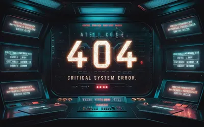 Sci-fi ilustracija greške 404 s natpisom Critical System Error na futurističkom kontrolnom panelu