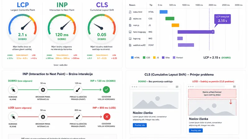PageSpeed Insights izvještaj koji prikazuje zelene bodove za LCP, INP i CLS metriku