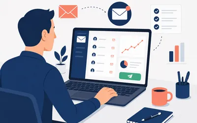 Laptop s otvorenim email sučeljem okružen ikonama omotnica, grafikonima otvorenih poruka i checklistom pretplatnika koji simboliziraju email marketing strategiju za male tvrtke
