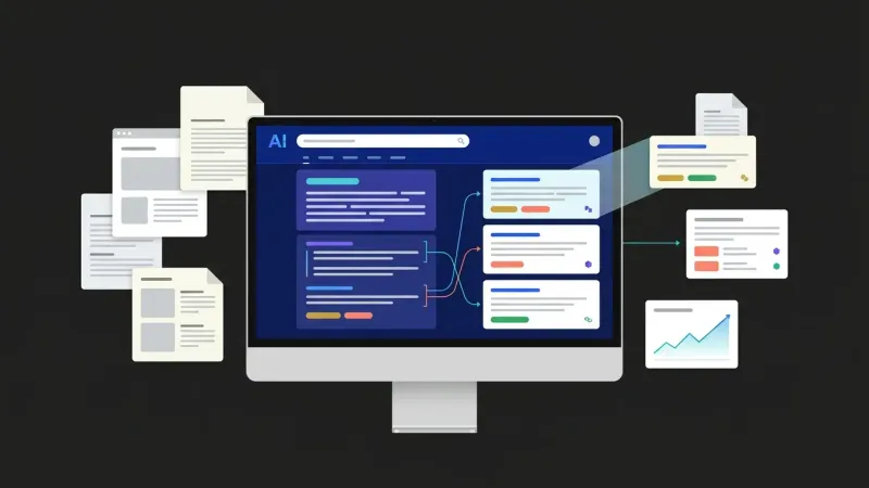 Ilustracija optimiziranog web sadržaja prikazanog u AI rezultatima pretraživanja, s povezanim izvorima, citatnim oznakama i grafikom digitalne vidljivosti