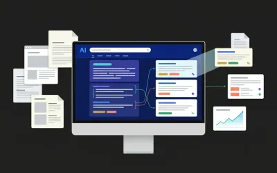 Ilustracija optimiziranog web sadržaja prikazanog u AI rezultatima pretraživanja, s povezanim izvorima, citatnim oznakama i grafikom digitalne vidljivosti