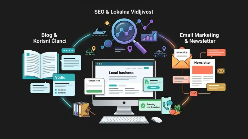 Središnja web stranica povezuje blog sadržaj, SEO vidljivost i email marketing kako bi korisnike vodila prema upitu, rezervaciji ili narudžbi.