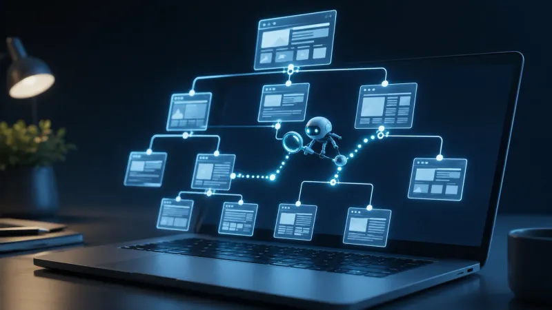 Dijagram arhitekture web stranice koji prikazuje putanje tražilica kroz stranice te ikone sitemapa i robots.txt datoteke, simbolizirajući temelje tehničkog SEO-a.