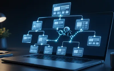 Dijagram arhitekture web stranice koji prikazuje putanje tražilica kroz stranice te ikone sitemapa i robots.txt datoteke, simbolizirajući temelje tehničkog SEO-a.