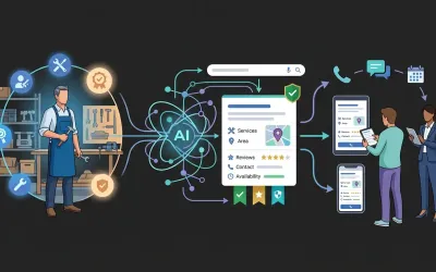 Ilustracija lokalnog obrta vidljivog u AI pretrazi i poslovnom odgovoru bez nužnog klika na web stranicu