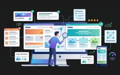 Ilustracija on-page SEO optimizacije sadržaja, strukture, slika, poveznica i korisničkog iskustva web stranice