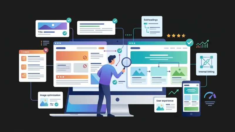 Ilustracija on-page SEO optimizacije sadržaja, strukture, slika, poveznica i korisničkog iskustva web stranice