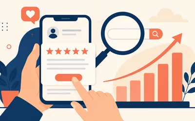 Prikaz mobilnog zaslona s peterozvjezdanom Google recenzijom i grafom rasta vidljivosti poslovanja na tražilici, simbolizirajući utjecaj recenzija na lokalni SEO.
