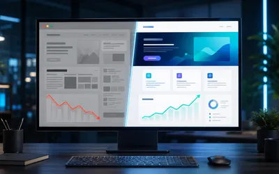 Usporedba starog i novog dizajna web stranice na ekranu s prikazom SEO grafikona rasta
