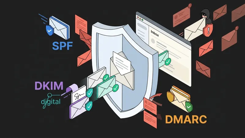 Ilustracija poslovne email domene zaštićene mehanizmima SPF, DKIM i DMARC od pokušaja lažnog predstavljanja i phishing poruka