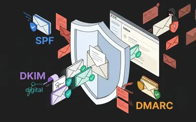 Ilustracija poslovne email domene zaštićene mehanizmima SPF, DKIM i DMARC od pokušaja lažnog predstavljanja i phishing poruka