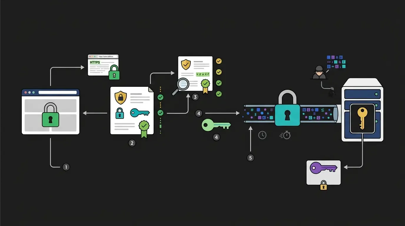 Edukativna ilustracija SSL/TLS handshaka između web preglednika i poslužitelja s certifikatom, javnim i privatnim ključem te šifriranim prometom