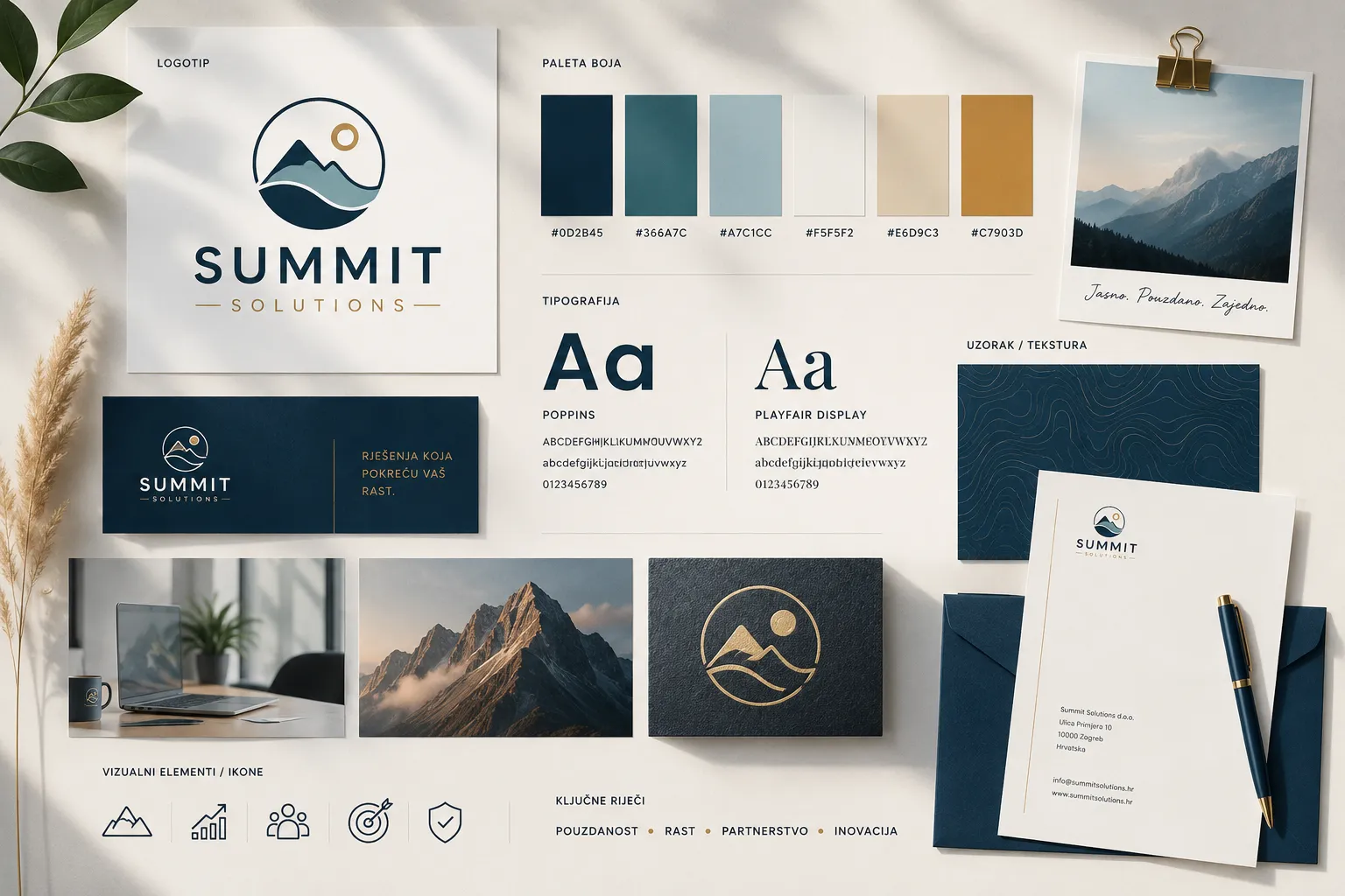 Moodboard s logotipom, paletom boja i tipografijom koji prikazuje elemente vizualnog identiteta jedne tvrtke Moodboard s logotipom, paletom boja i tipografijom koji prikazuje elemente vizualnog identiteta jedne tvrtke