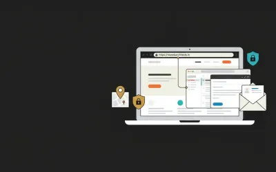 Stol s laptopom koji prikazuje poslovnu web stranicu i email adresu na vlastitoj domeni, uz ikonu zaključanog sigurnosnog zapisa.