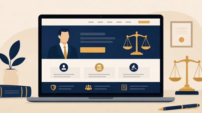 Prikaz elegantne web stranice odvjetničkog ureda na laptopu s jasno istaknutim područjima prakse i gumbom za zakazivanje konzultacije, simbolizirajući povjerenje u digitalnom dojmu.