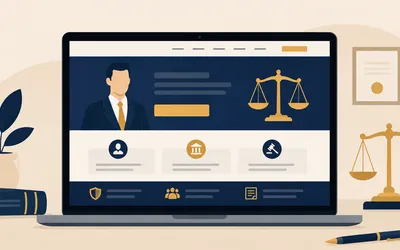 Prikaz elegantne web stranice odvjetničkog ureda na laptopu s jasno istaknutim područjima prakse i gumbom za zakazivanje konzultacije, simbolizirajući povjerenje u digitalnom dojmu.