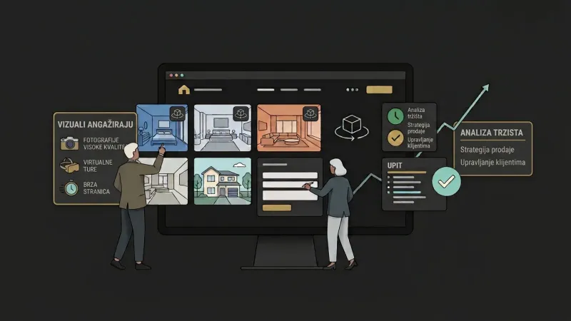 Ilustracija web stranice agencije za nekretnine koja pretvara fotografije i 3D ture u upite kroz jednostavne forme i brz odgovor