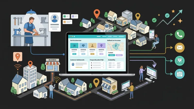 Ilustracija web stranice obrta koja povezuje lokalnu zajednicu s uslugama, povjerenjem i kontaktom