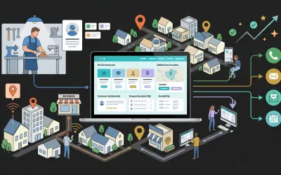Ilustracija web stranice obrta koja povezuje lokalnu zajednicu s uslugama, povjerenjem i kontaktom