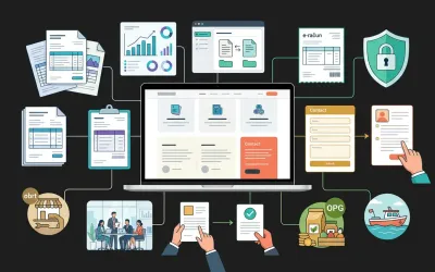 Ilustracija web stranice knjigovodstvenog ureda koja kroz usluge, sigurnost i digitalnu komunikaciju privlači kvalitetnije poslovne klijente