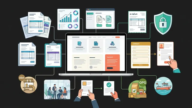 Ilustracija web stranice knjigovodstvenog ureda koja kroz usluge, sigurnost i digitalnu komunikaciju privlači kvalitetnije poslovne klijente