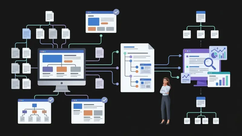 Ilustracija XML sitemap-a kao strukturirane karte web stranice koja pomaže u otkrivanju važnih stranica